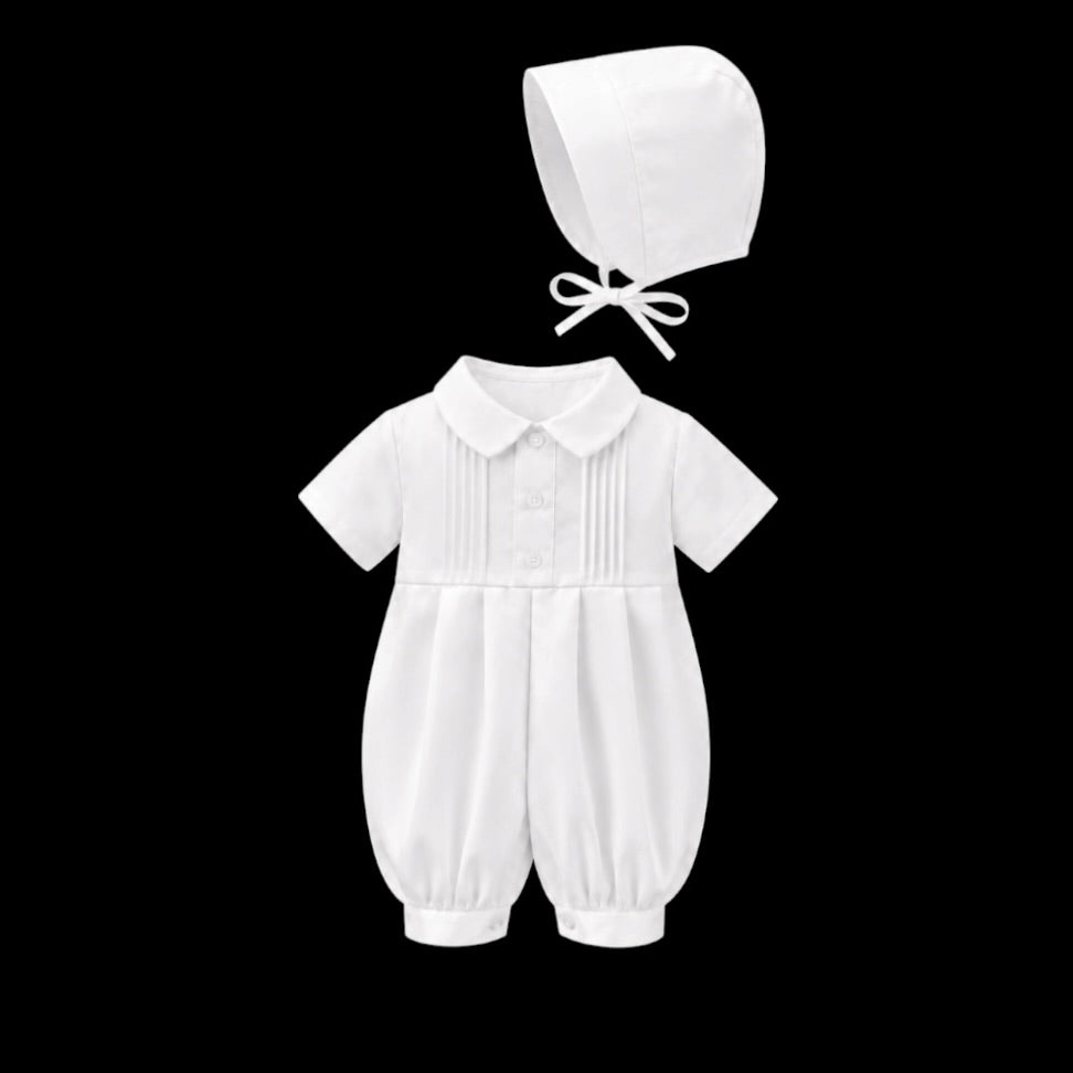 Mavezzano & Co Baby White Baptism Romper & Matching Hat