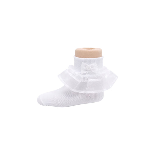 Girls White Organza Ruffle Socks with Pearl Bow