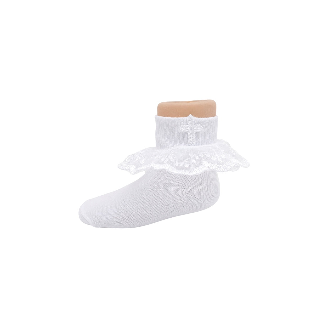 Girls White Organza Ruffle Socks with Lace Cross Embroidery