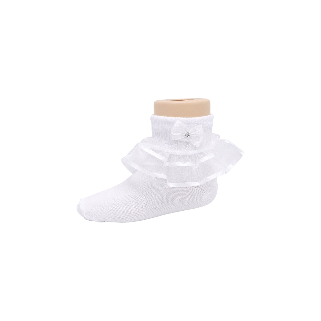 Girls White Organza Ruffle Socks with Rhinestone Bow