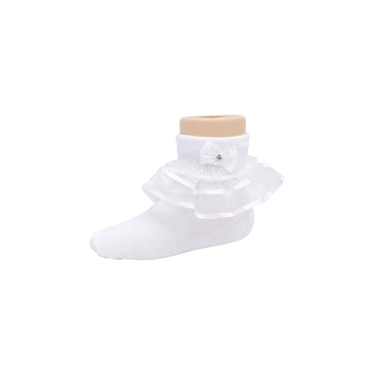 Girls White Organza Ruffle Socks with Rhinestone Bow