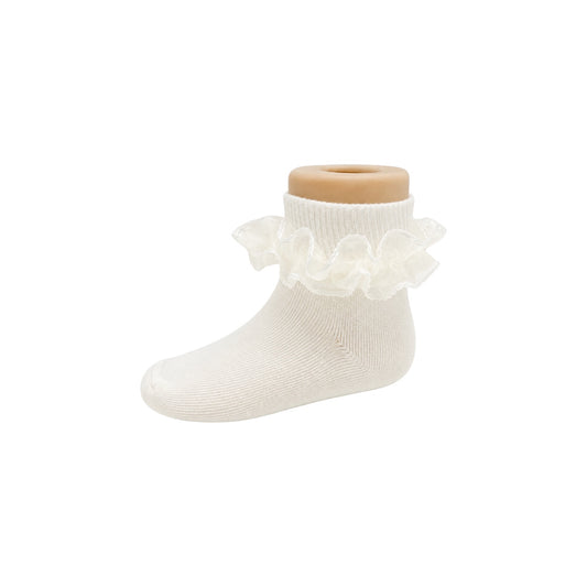 Girls Ivory Organza Ruffle Socks with Lace Trim