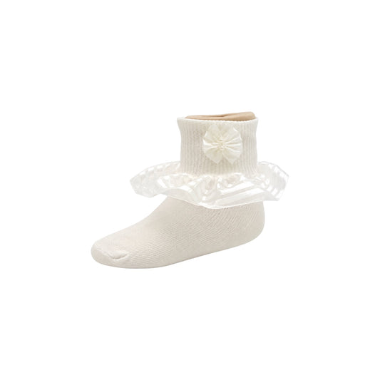 Girls Ivory Organza Ruffle Socks with Pearl Bow