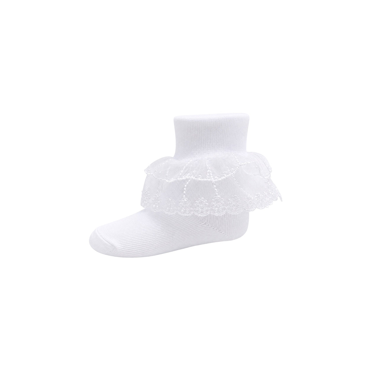 Girls White Organza Ruffle Socks with Embroidered Trim