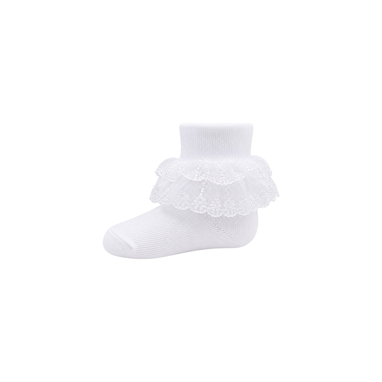 Girls White Organza Ruffle Socks with Embroidered Trim