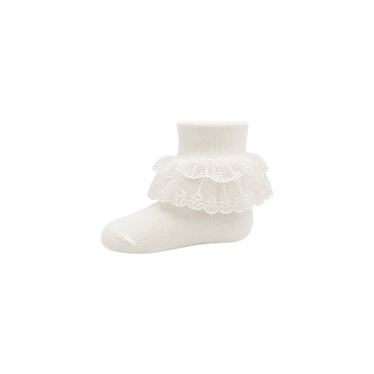 Girls Ivory Organza Ruffle Socks with Embroidered Trim
