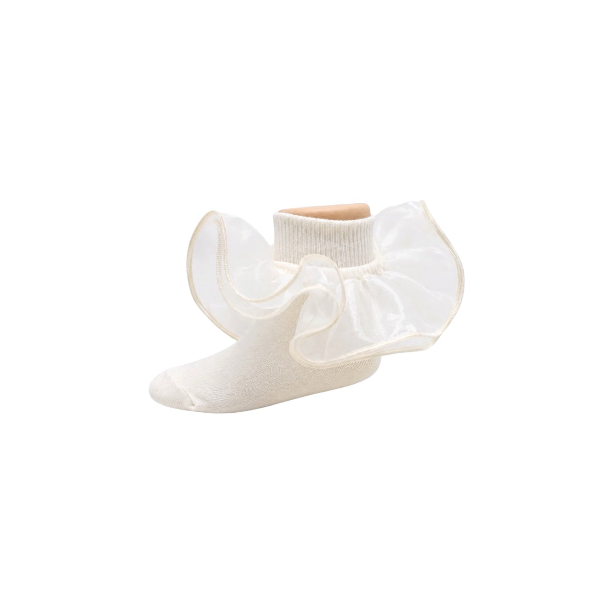 Girls Ivory Organza Ruffle Socks with Wide Lace Trim