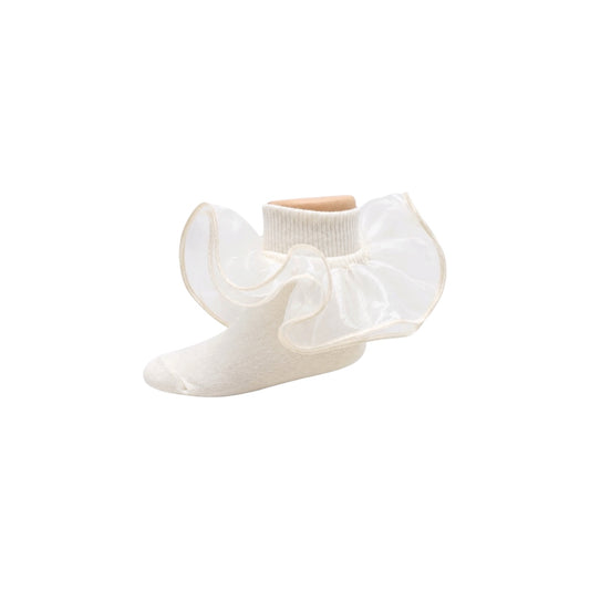 Girls Ivory Organza Ruffle Socks with Wide Lace Trim