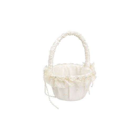 Ivory Flower Girl Basket with Pearls & Rhinestones – Elegant Wedding Flower Basket