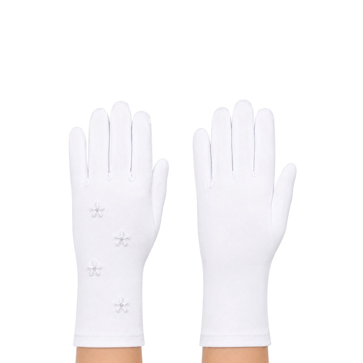 Girls' White Satin Gloves with Floral Embroidery & Rhinestones