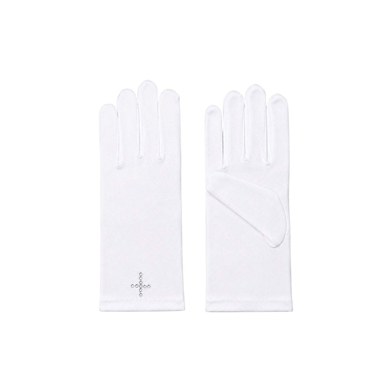 Girls' White Satin Gloves with Rhinestone Cross