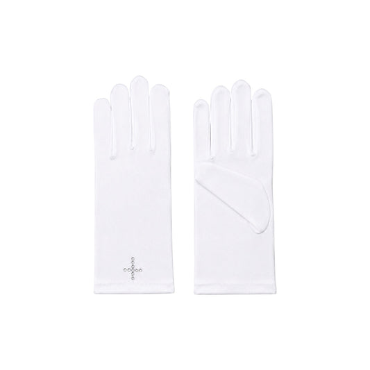 Girls' White Satin Gloves with Rhinestone Cross