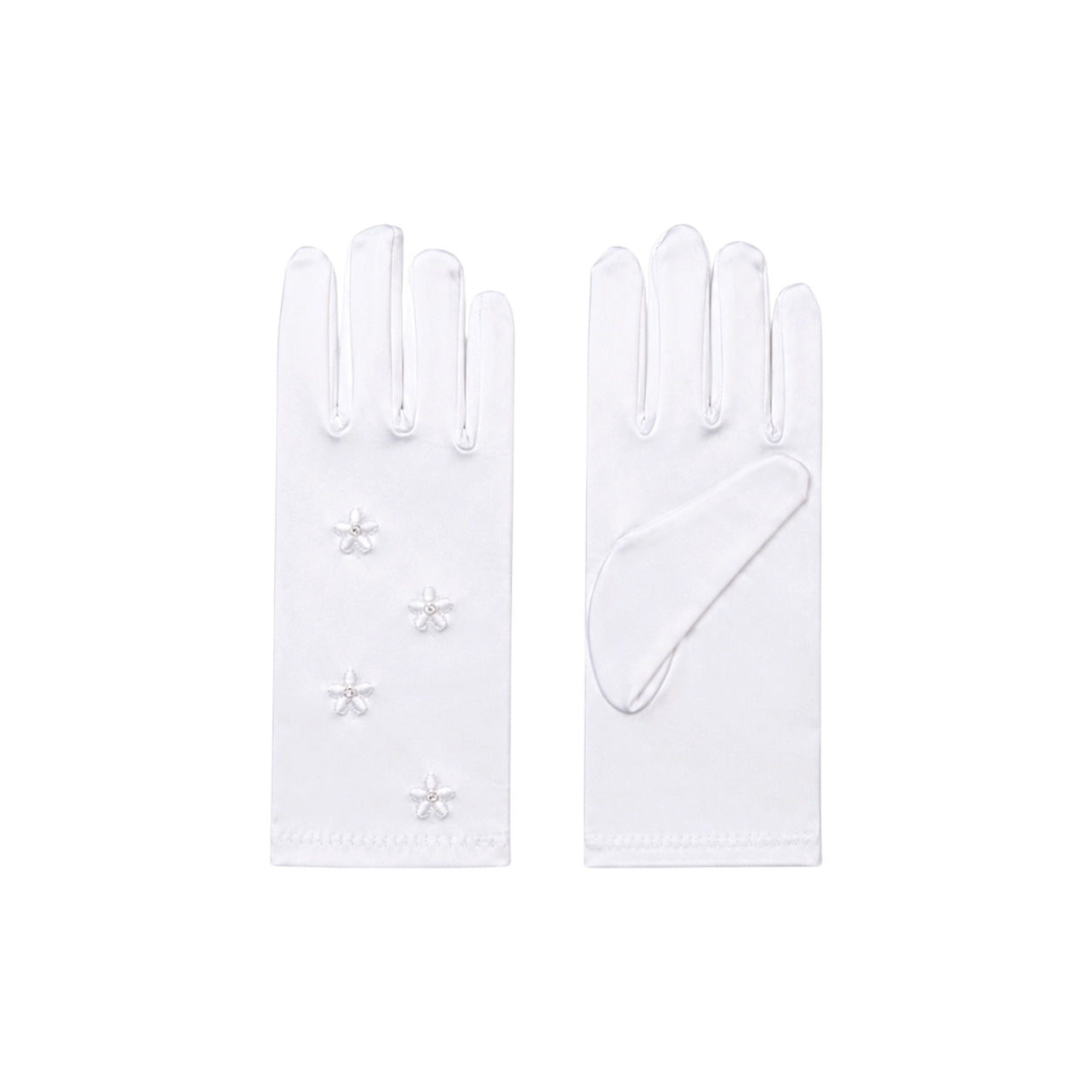 Girls' White Satin Gloves with Floral Embroidery & Rhinestones
