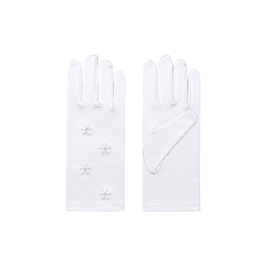Girls' White Satin Gloves with Floral Embroidery & Rhinestones