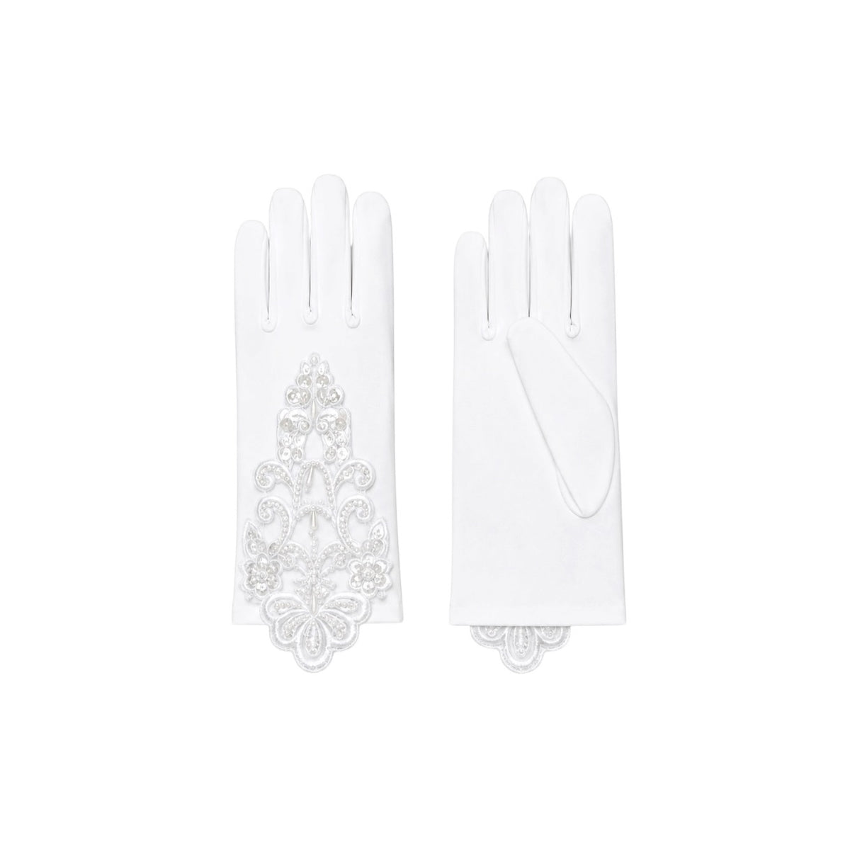Girls' White Satin Gloves with Pearl Beading & Mesh Trim