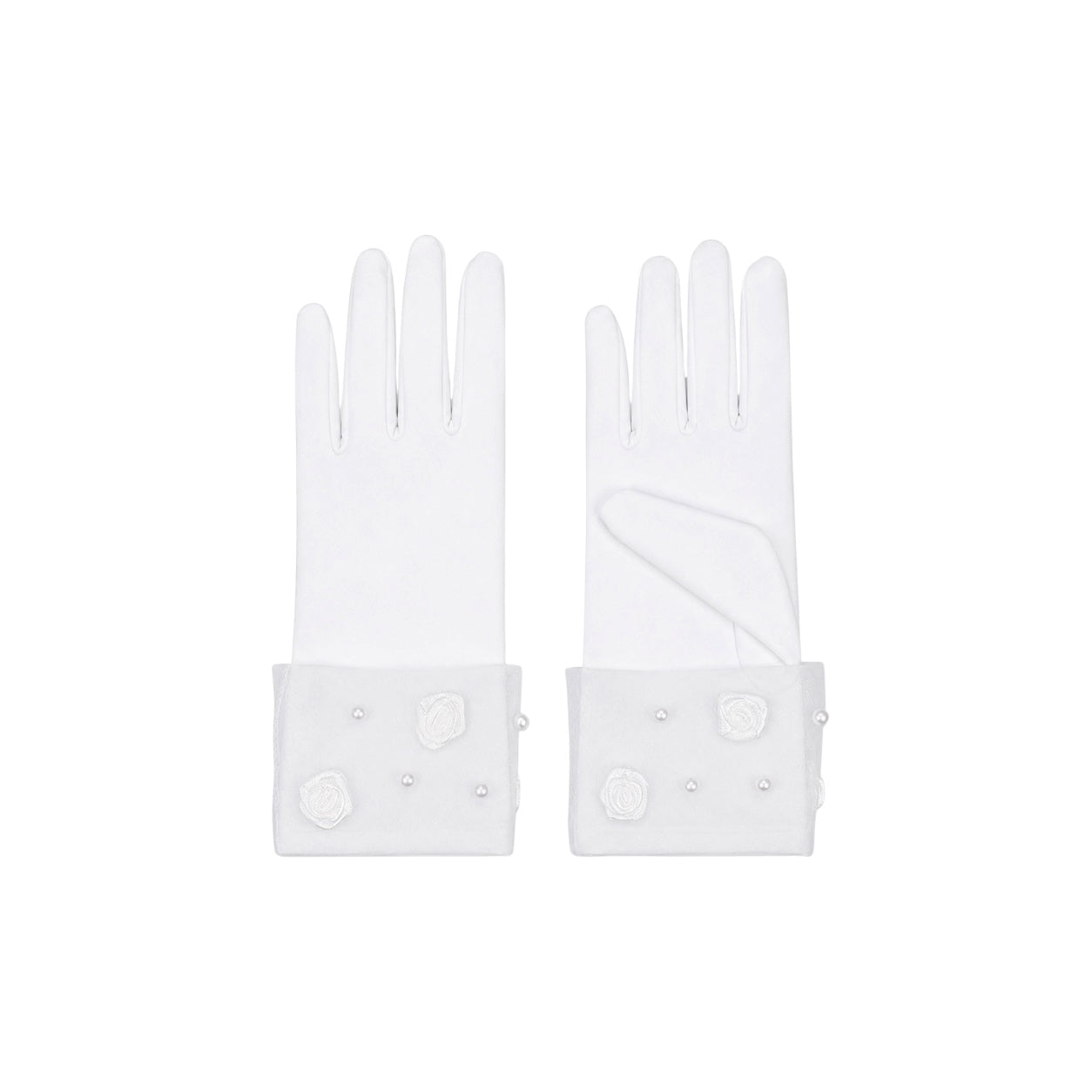 Girls' White Satin Gloves with Rose & Pearl Accents