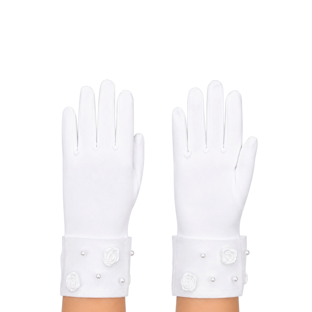 Girls' White Satin Gloves with Rose & Pearl Accents