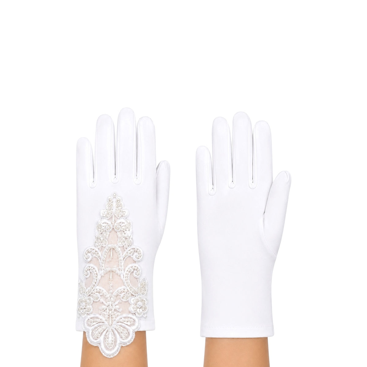 Girls' White Satin Gloves with Pearl Beading & Mesh Trim