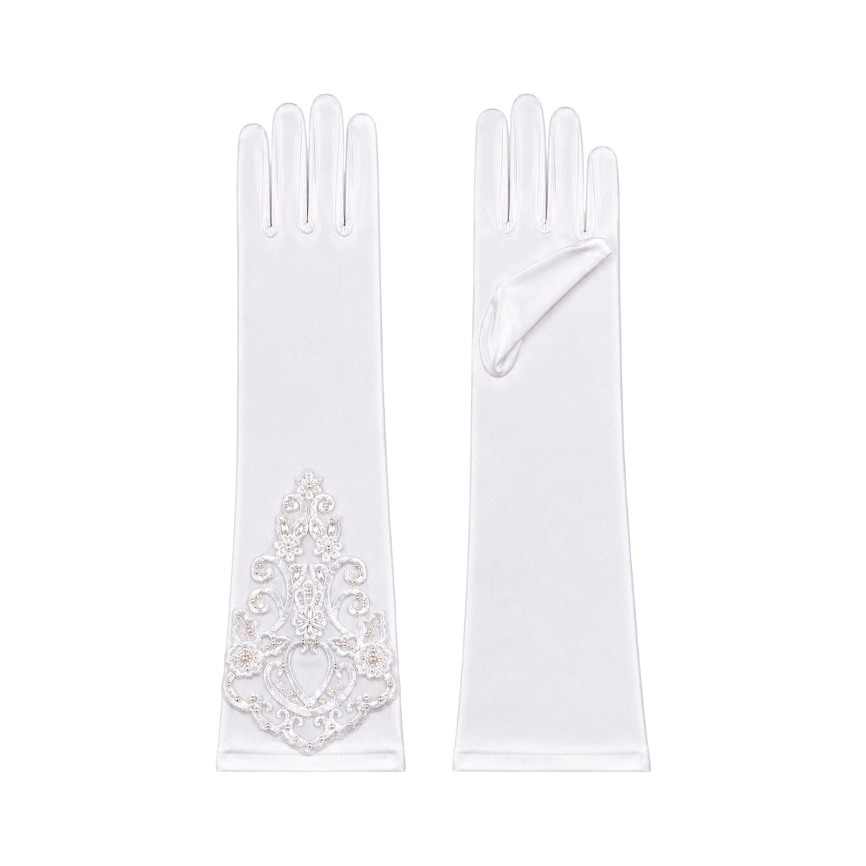 Girls' Elbow-Length White Satin Gloves with Pearl & Organza Accents