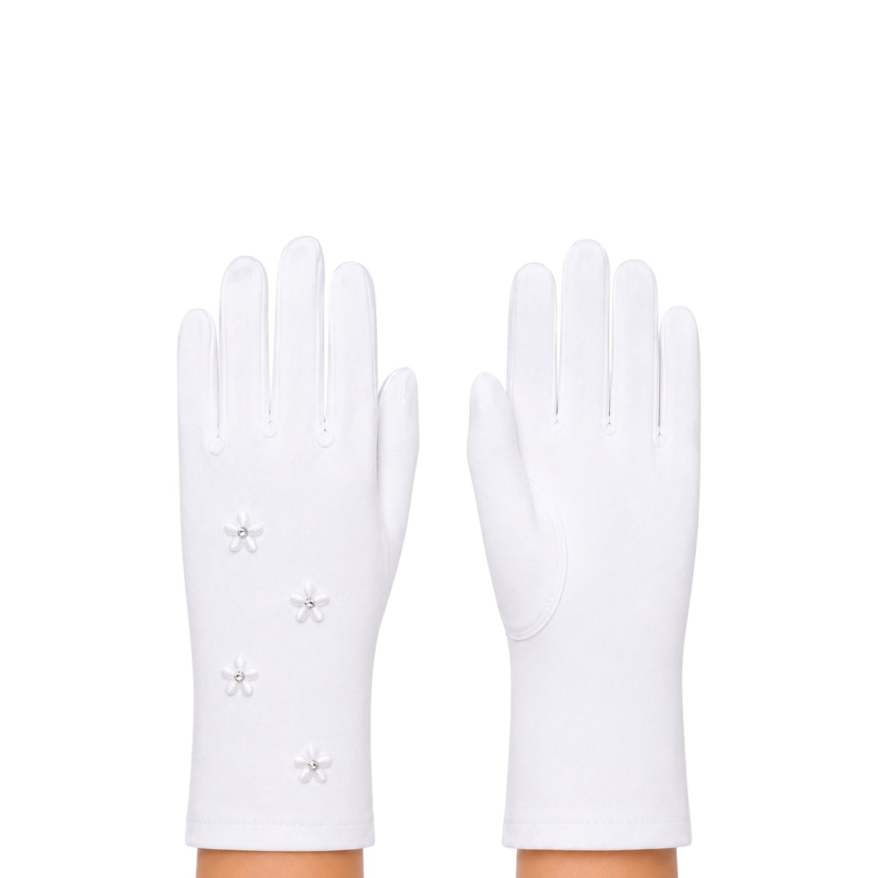 Girls' White Satin Gloves with Floral Embroidery & Rhinestones