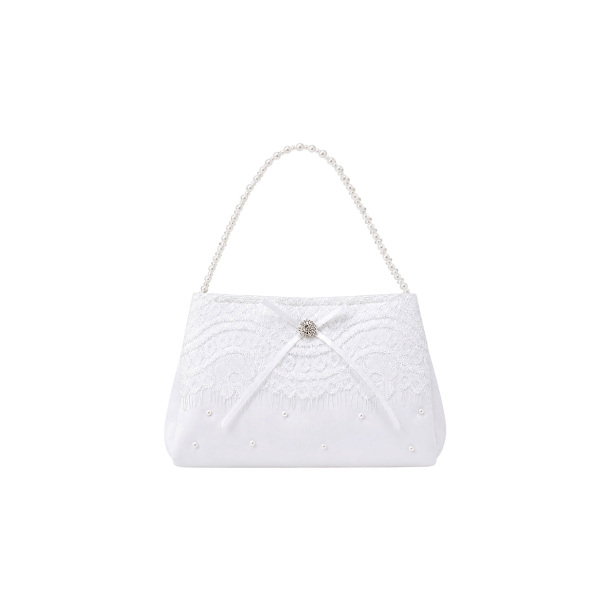 Girls Satin & Embroidered Lace White Pearl Purse w/ Rhinestone Bow Handle