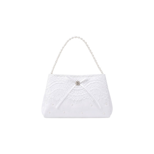 Girls Satin & Embroidered Lace White Pearl Purse w/ Rhinestone Bow Handle