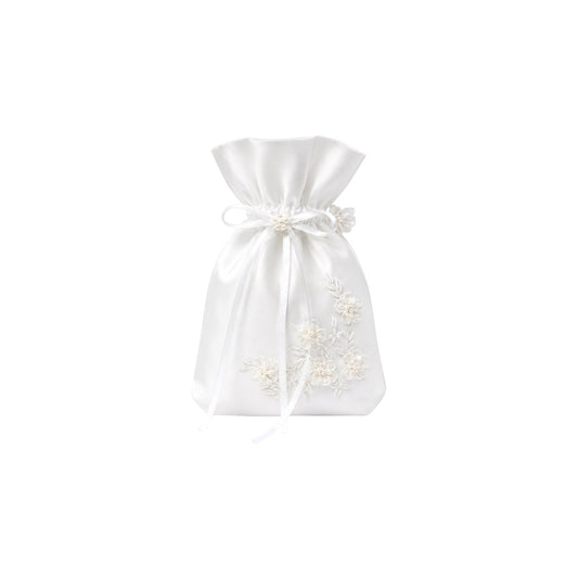 Girls White Satin Ruffled Pearl Purse w/ Floral Detail
