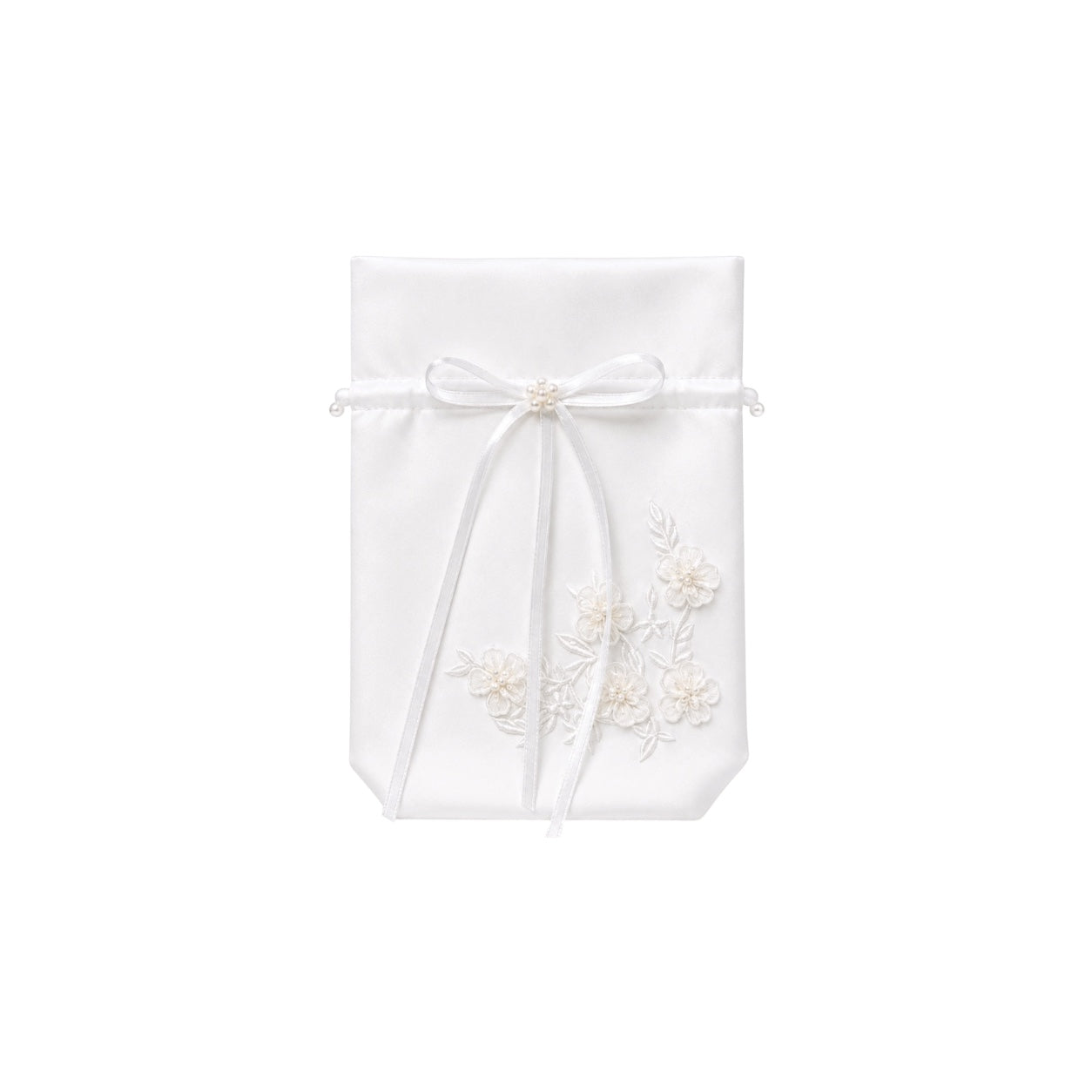 Girls White Satin Ruffled Pearl Purse w/ Floral Detail