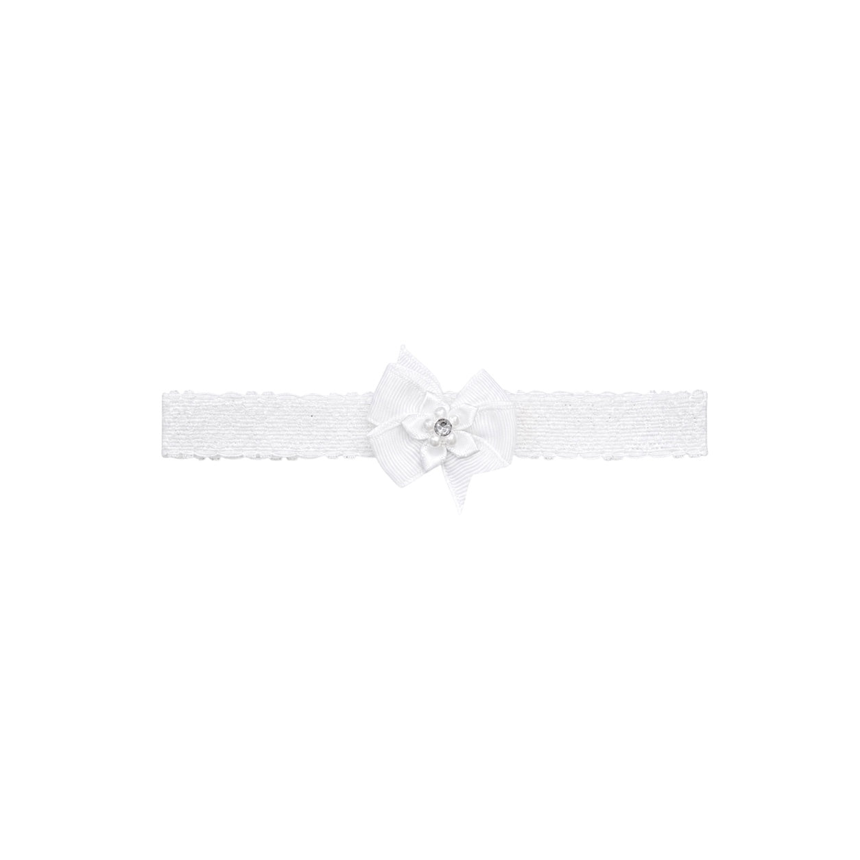 Baby White Lace Headband with Satin Flower & Rhinestone Accent