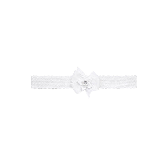 Baby White Lace Headband with Satin Flower & Rhinestone Accent