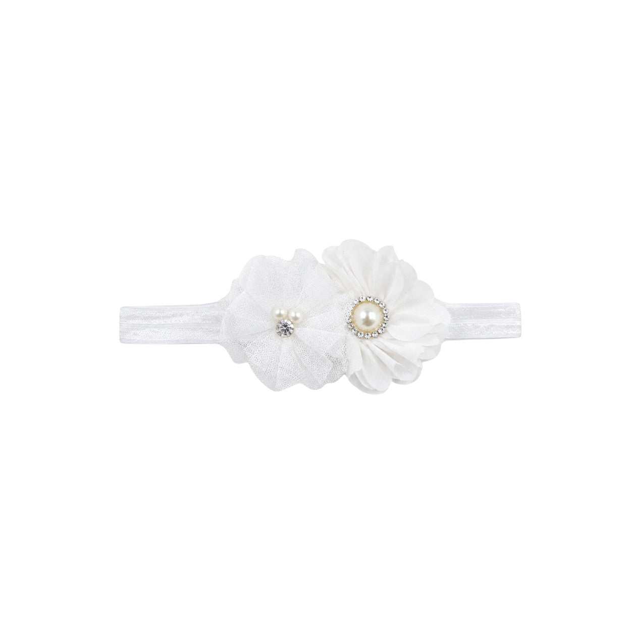 Baby White Floral Headband with Pearls & Rhinestone Accents
