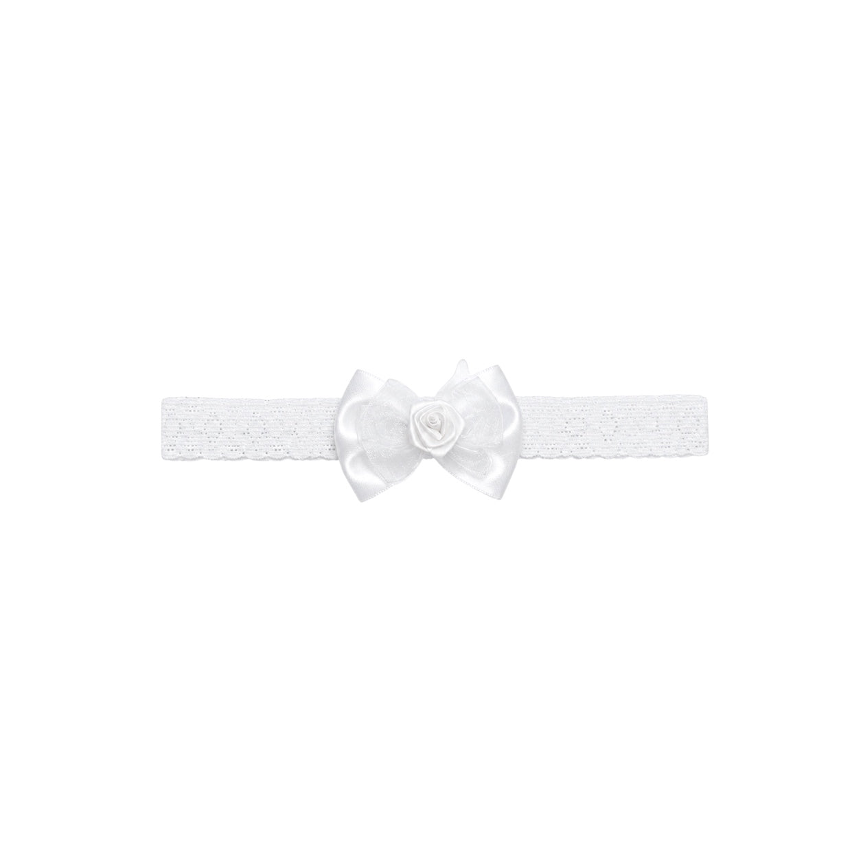 Baby White Lace Headband with Organza Bow & Satin Rose
