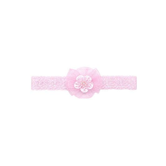 Baby Pink Lace Headband with Organza Flower & Pearl Center