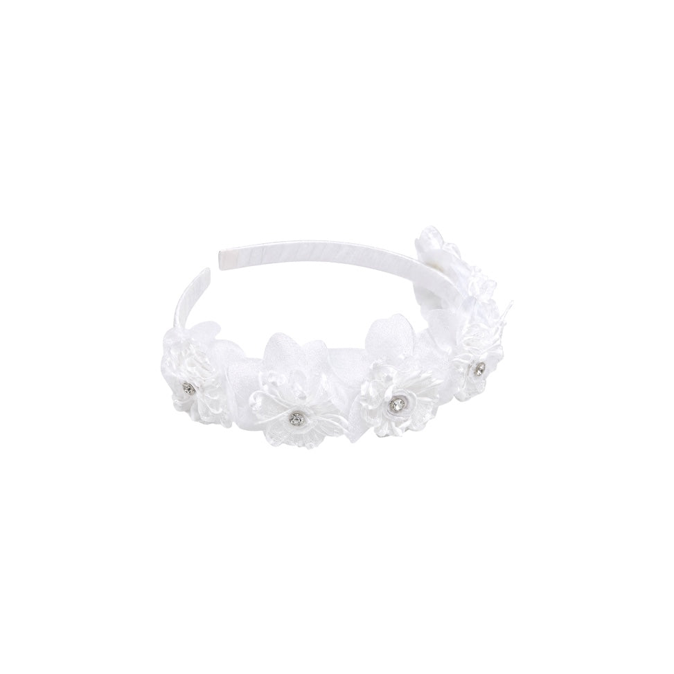 White Floral Rosette Headband with Rhinestone Accents