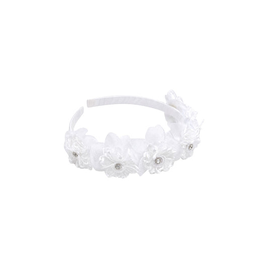 White Floral Rosette Headband with Rhinestone Accents