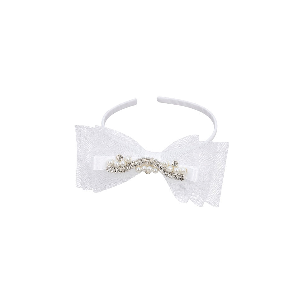 Removable Organza Bow Headband with Pearls & Rhinestones