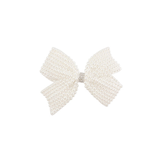Large Faux Pearl Bow Hair Clip with Rhinestone Center