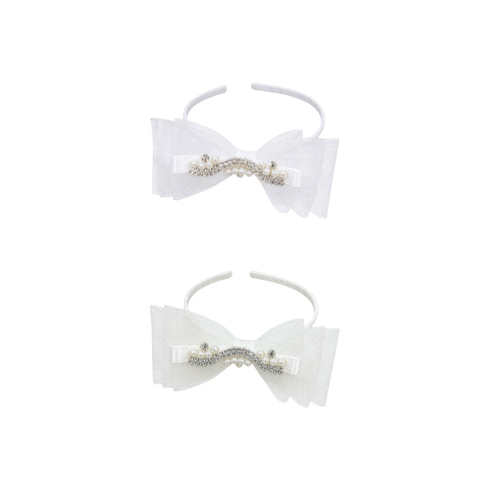 Removable Organza Bow Headband with Pearls & Rhinestones