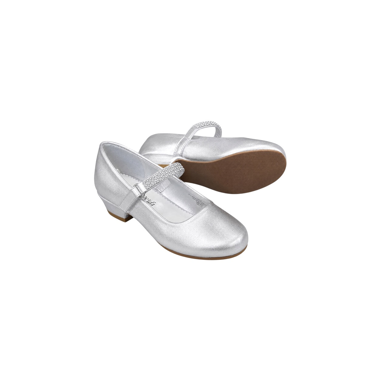 Fancy Kids Girls' Sparkle Strap Silver Dress Shoes with Low Heel