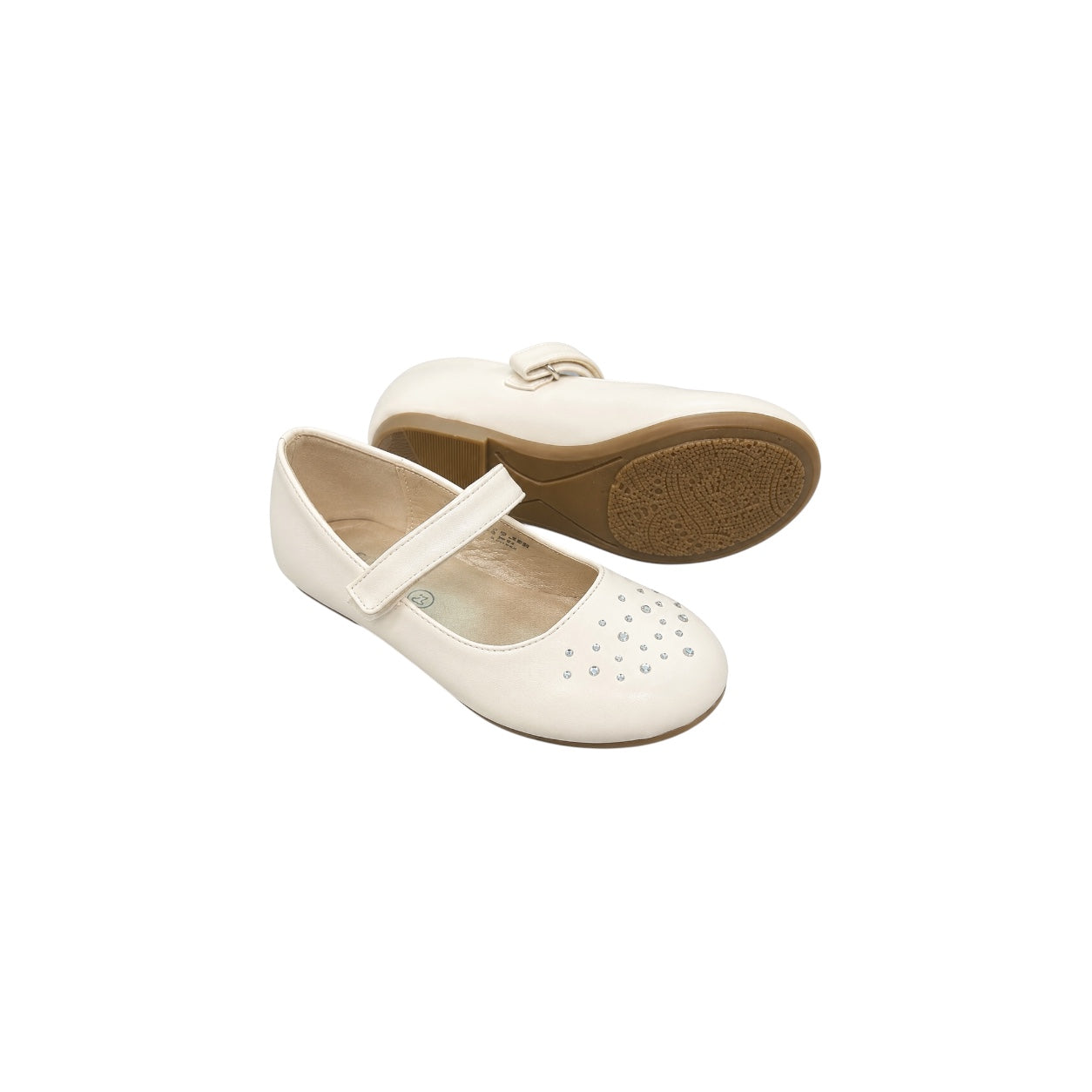 Jolene Girls' Rhinestone Accent Ivory Ballet Flats with Velcro Strap