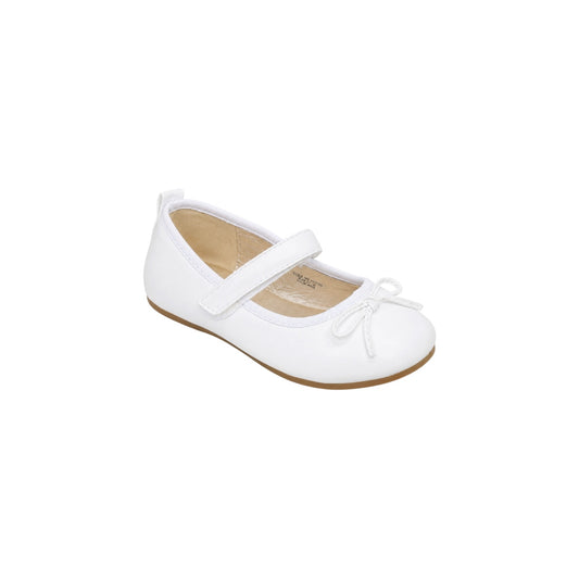 Jolene Girls' White Ballet Flats with Bow & Velcro Strap