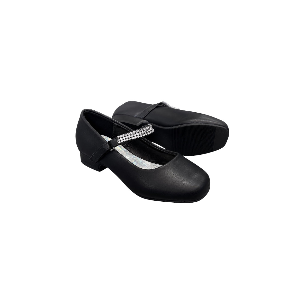 Fancy Kids Girls' Sparkle Strap Black Dress Shoes with Low Heel