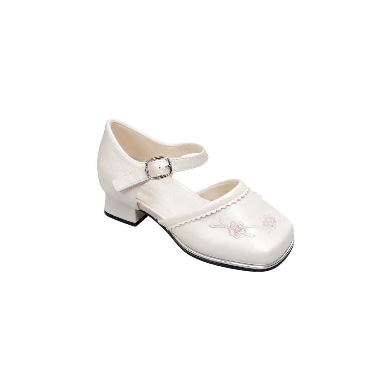 Jolene Girls' Floral Embroidered Ivory Block Heel Dress Shoes