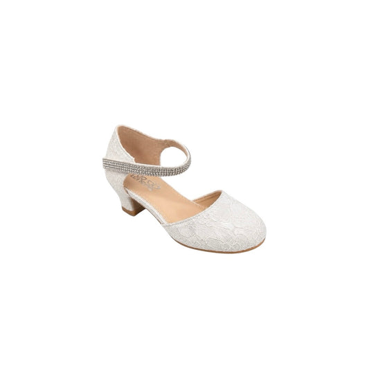 Jolene Girls' Off White Lace Dress Heel with Rhinestone Ankle Strap