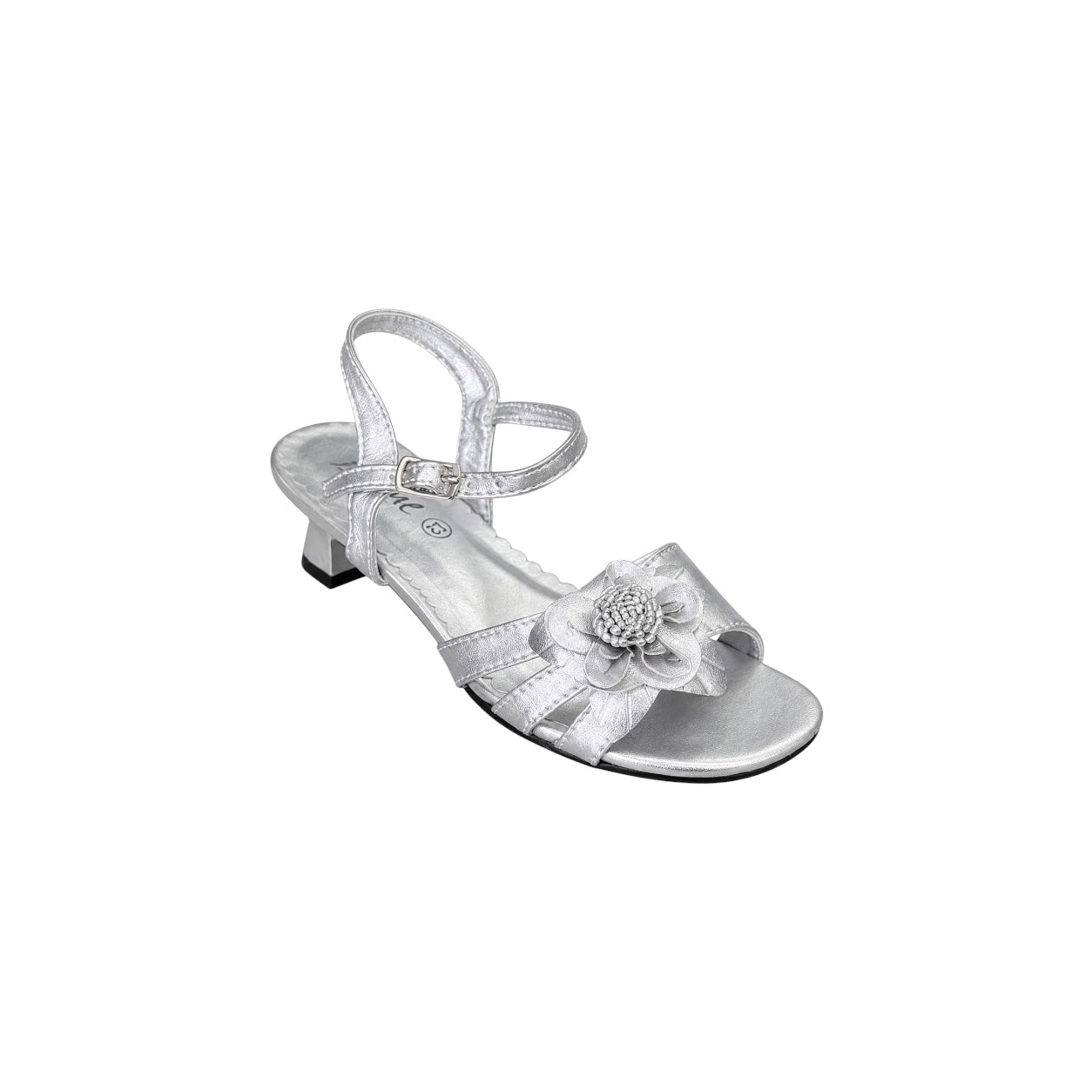 Jolene Silver Flower-Embellished Open-Toe Kitty Heel Sandals