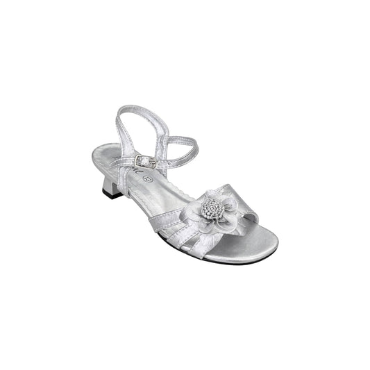 Jolene Silver Flower-Embellished Open-Toe Kitty Heel Sandals