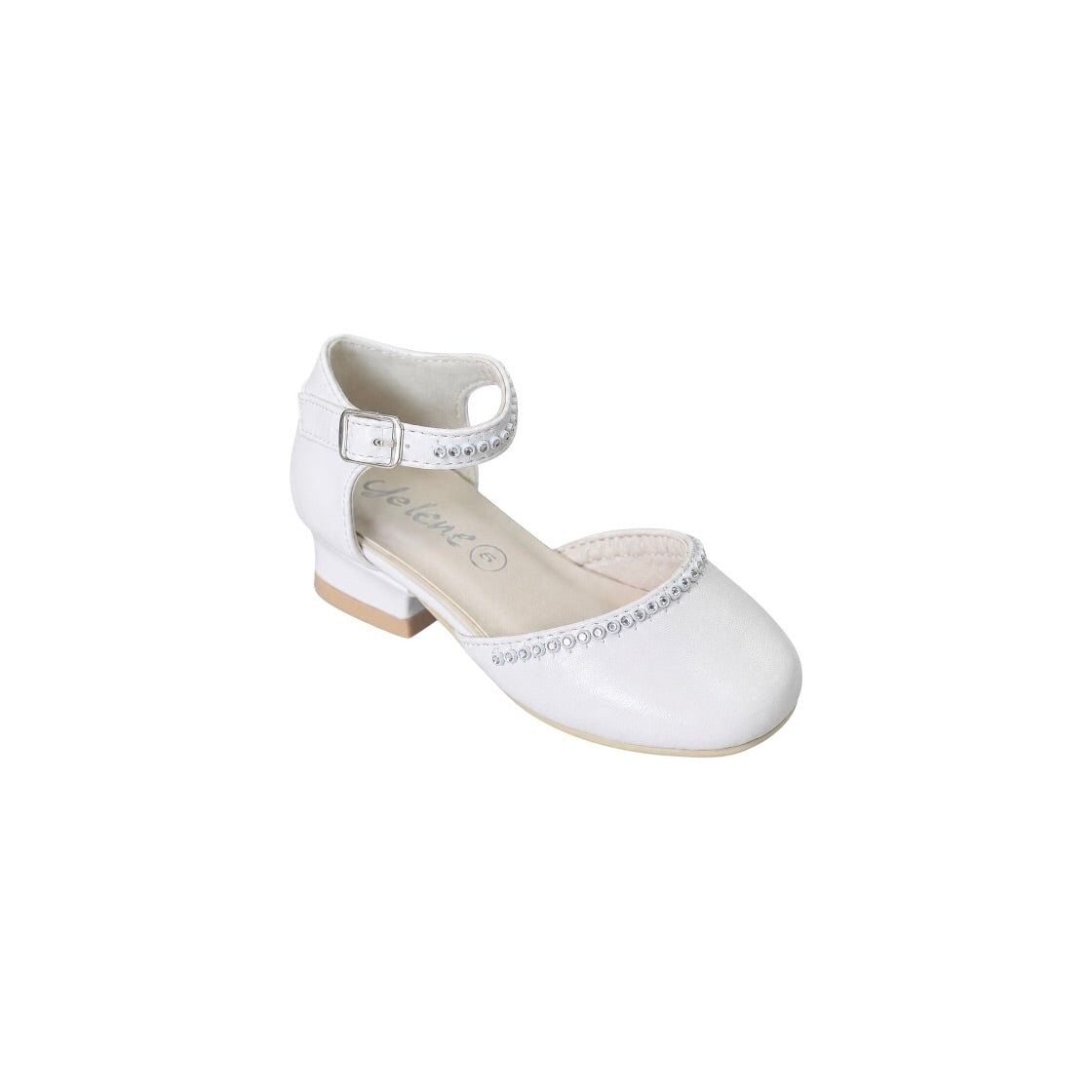 Jolene White Satin Low Heel Dress Shoes with Rhinestone Trim & Ankle Strap