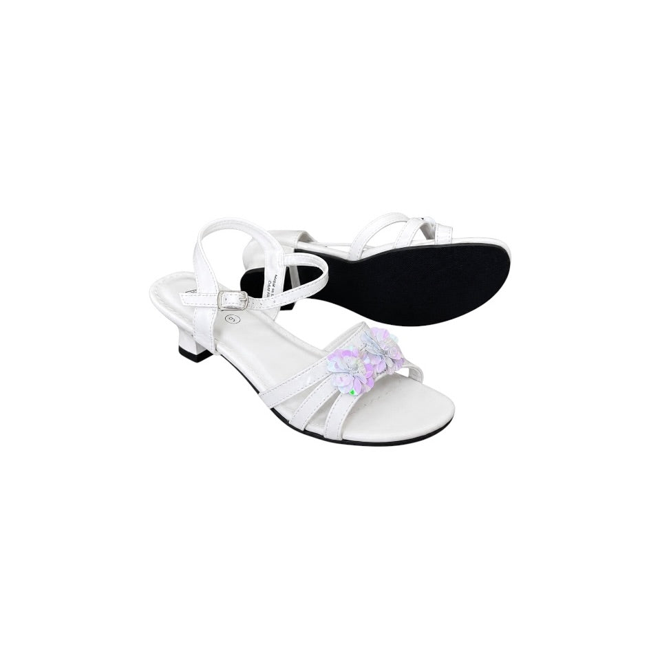 Jolene White Open-Toe Dress Sandals with Iridescent Floral Accent