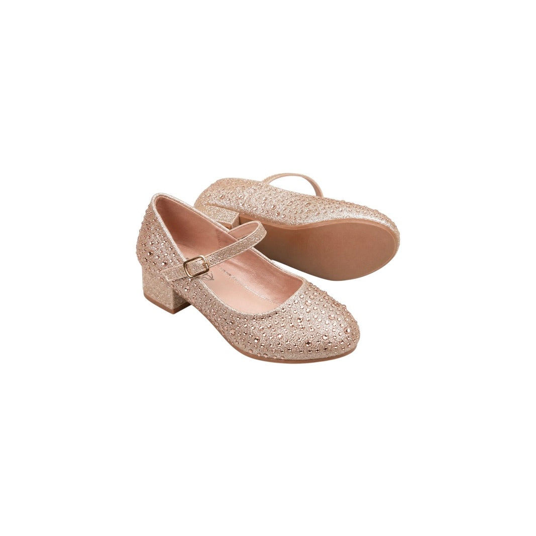 Jolene Girls' Rose Gold Crystal Embellished Block Heel Dress Shoes (Size 13)