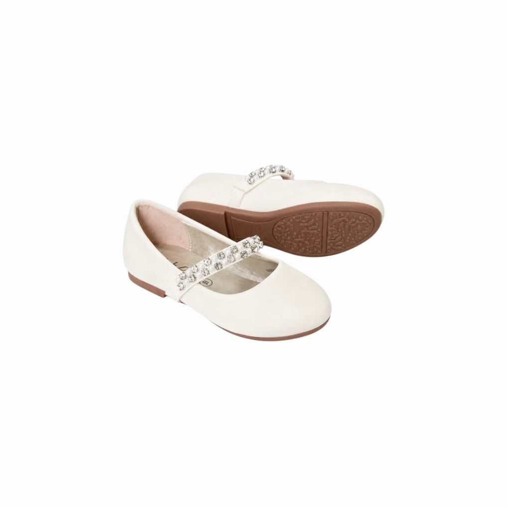 Jolene Off White Satin Ballet Flats with Pearl & Rhinestone Elastic Strap